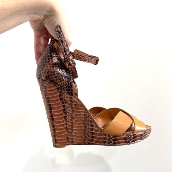 TORY BURCH Brown Leather and Python Platform Wedge Ankle Strap Sandals - Picture 5 of 11